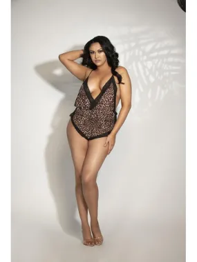 Chiffon Romper w Surplice Neckline And Lace Trim STM-11247X-Leopard-1X/2X