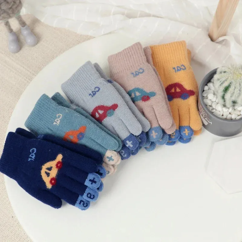 Children Gloves For 4-8 Years Boys Winter Knitted Soft Warm Cute Cartoon Car Kids Gloves Full Finger Girls Mittens