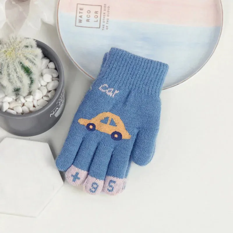 Children Gloves For 4-8 Years Boys Winter Knitted Soft Warm Cute Cartoon Car Kids Gloves Full Finger Girls Mittens