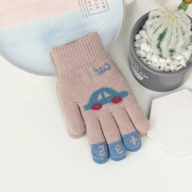 Children Gloves For 4-8 Years Boys Winter Knitted Soft Warm Cute Cartoon Car Kids Gloves Full Finger Girls Mittens