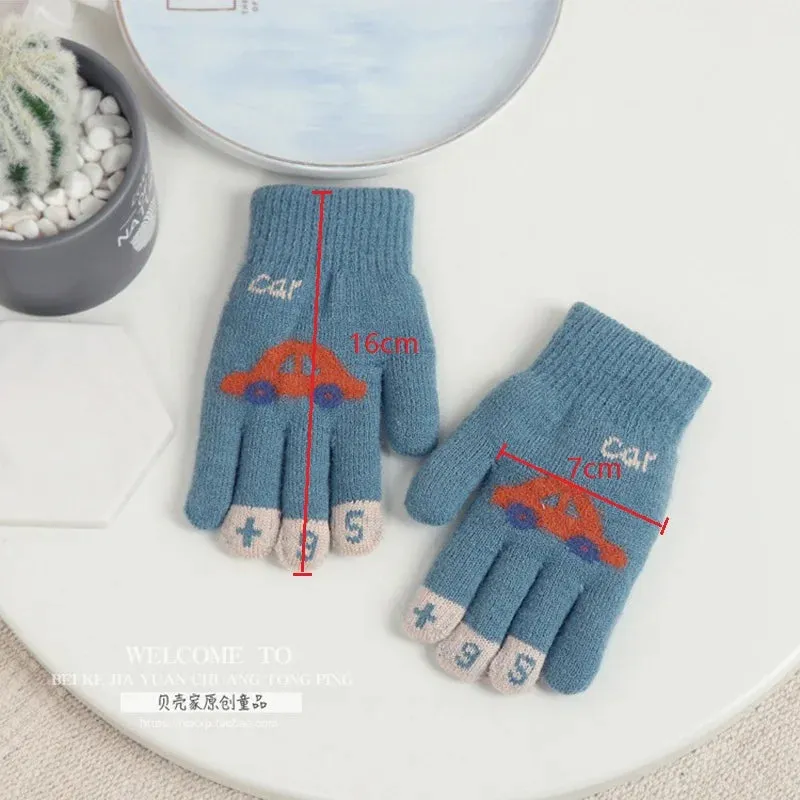 Children Gloves For 4-8 Years Boys Winter Knitted Soft Warm Cute Cartoon Car Kids Gloves Full Finger Girls Mittens