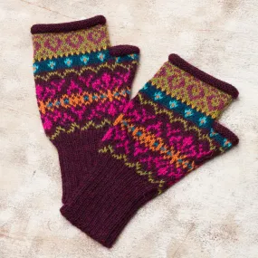 Colorful Carousel Multi-Color Multi-Motif 100% Alpaca Knit Fingerless Mitts