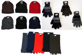 cuffed winter knit hats, men's knit gloves, and assorted scarves Case of 180