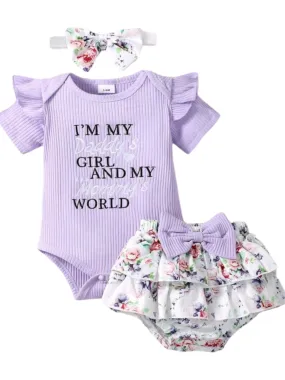 Daddy's Girl Mommy's World Purple Ruffle Romper with Floral Bloomer and Headband  #1000860