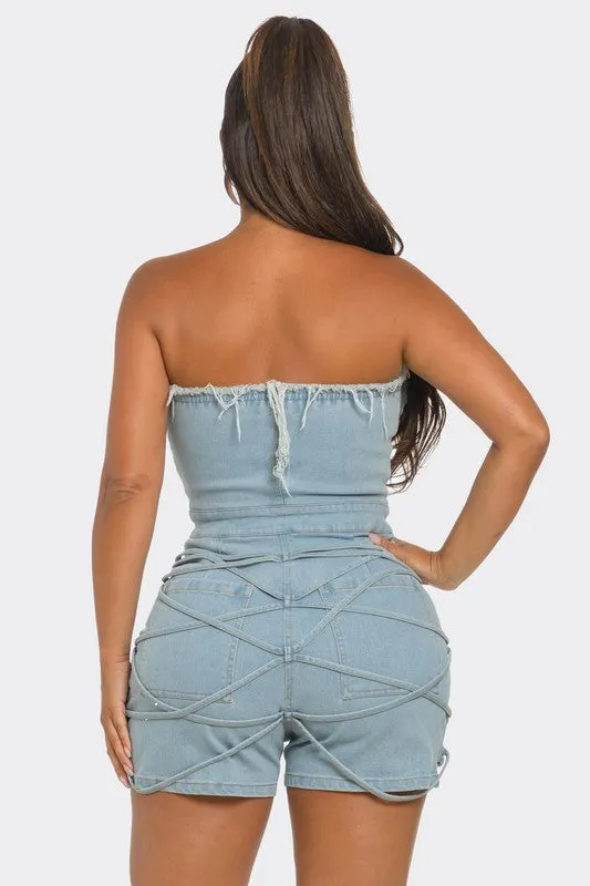 Denim Delight- Frayed Edge Denim Corset Romper