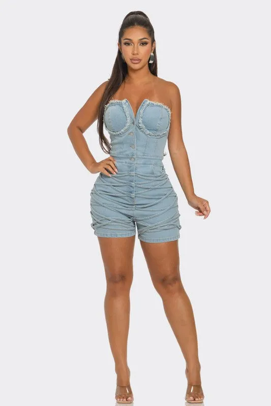 Denim Delight- Frayed Edge Denim Corset Romper