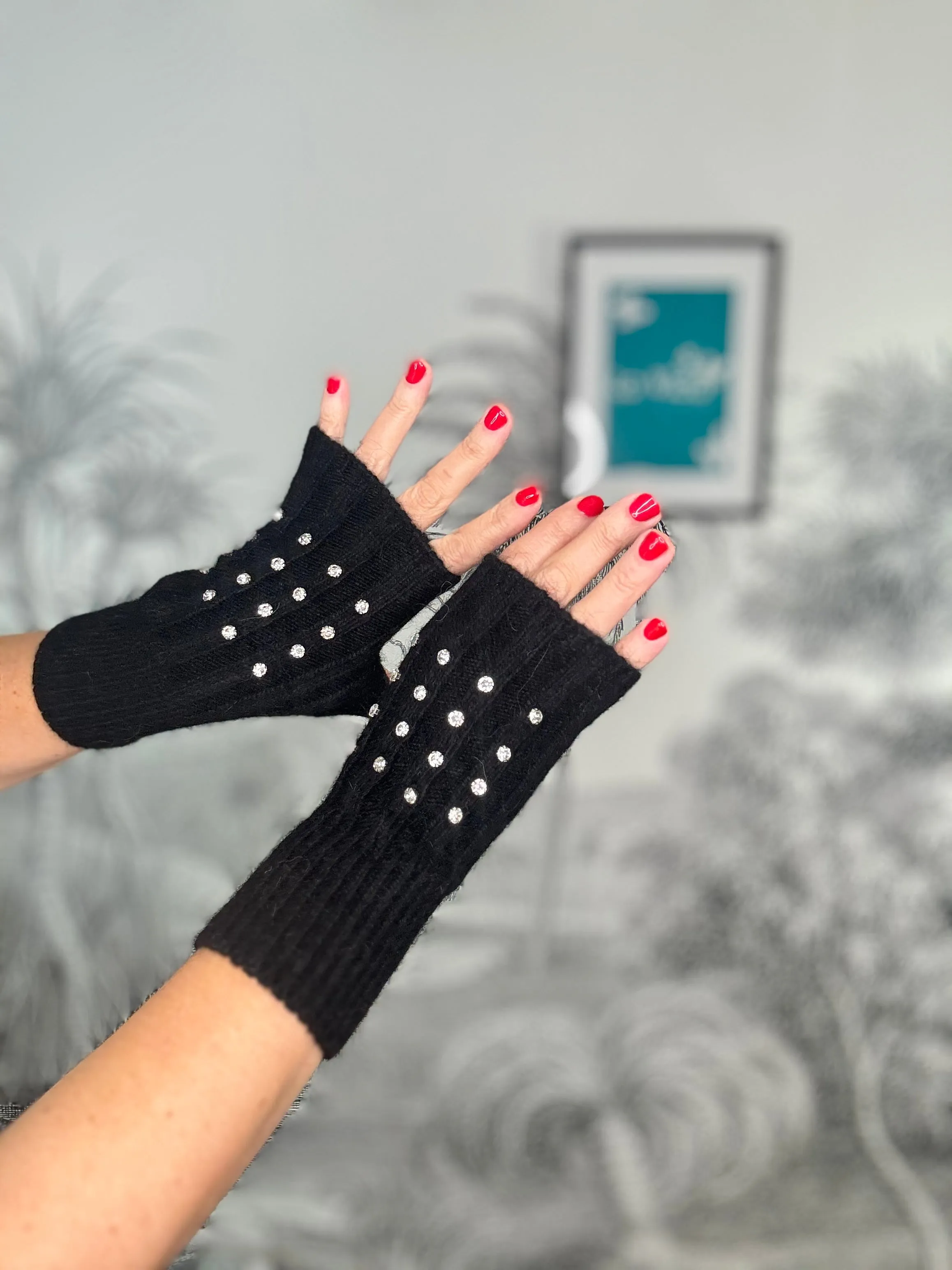 Diamante Ribbed Fingerless Gloves