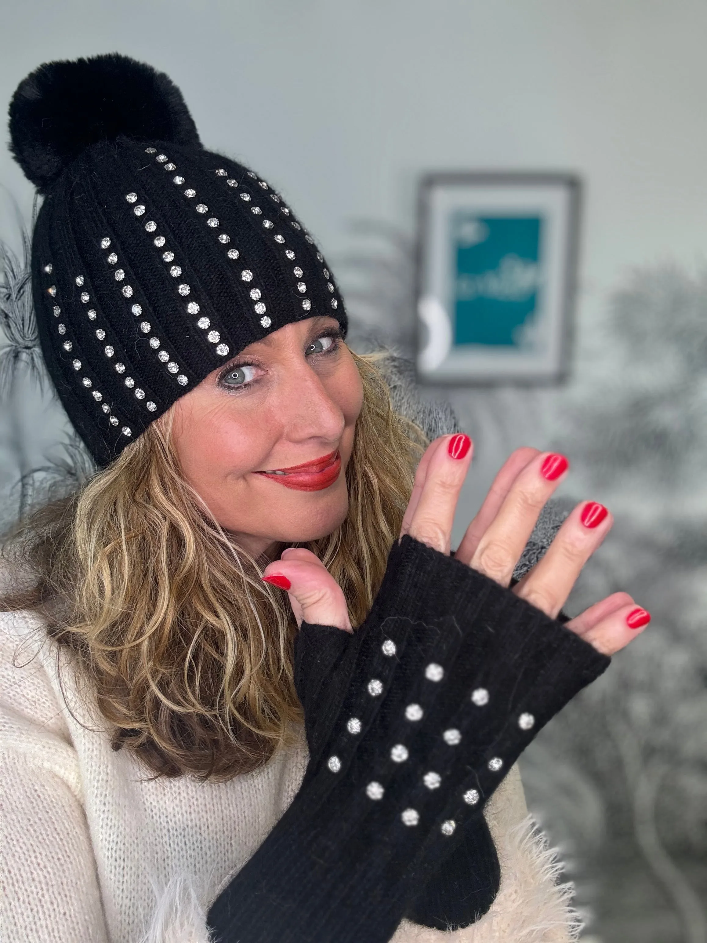 Diamante Ribbed Fingerless Gloves