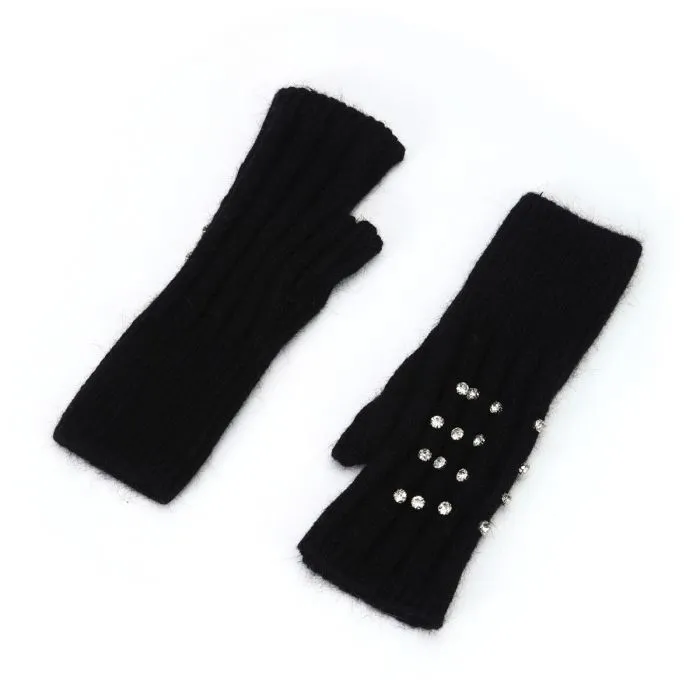 Diamante Ribbed Fingerless Gloves