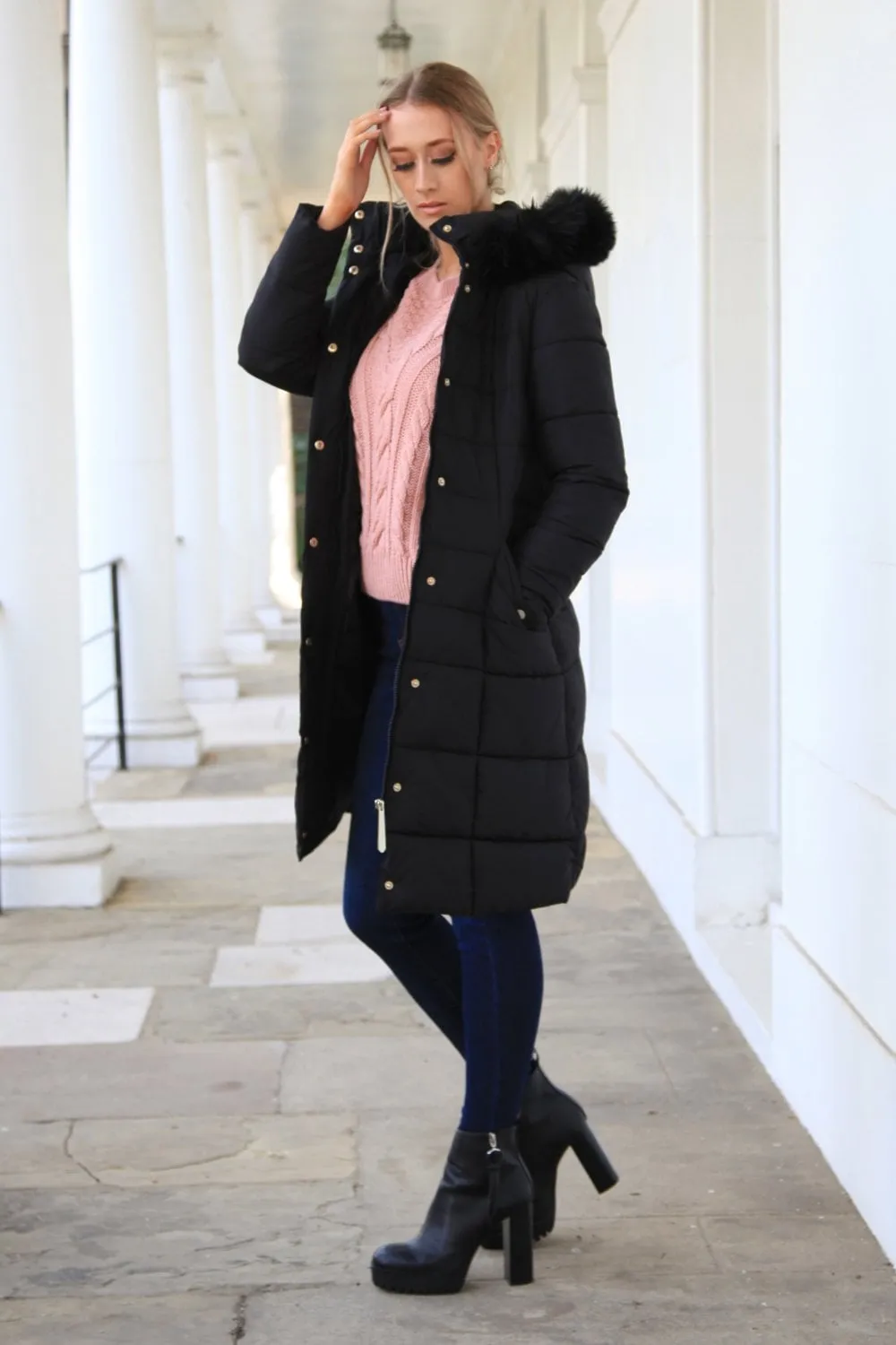 Double Second Black Glam Belted Long Puffer Coat