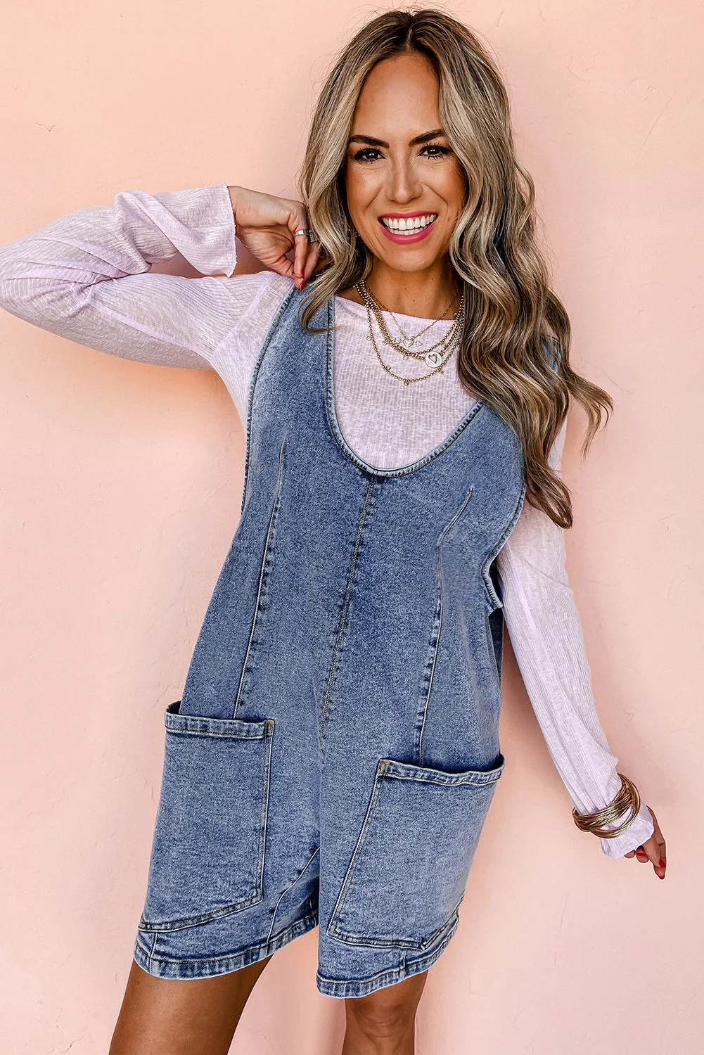 Dusk Blue Sleeveless U Neck Patched Pocket Denim Romper