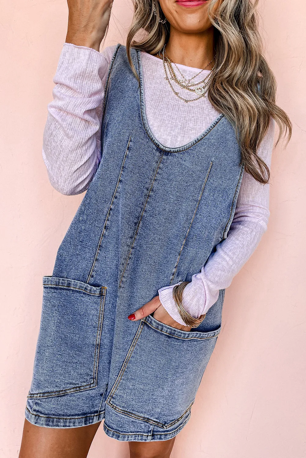 Dusk Blue Sleeveless U Neck Patched Pocket Denim Romper