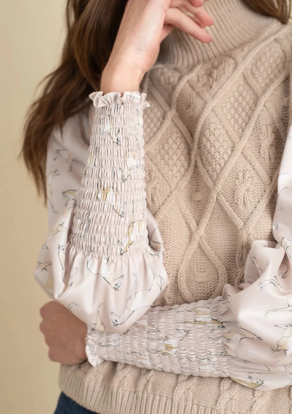 Ellie Cable Knit Sweater with Printed Sleeves