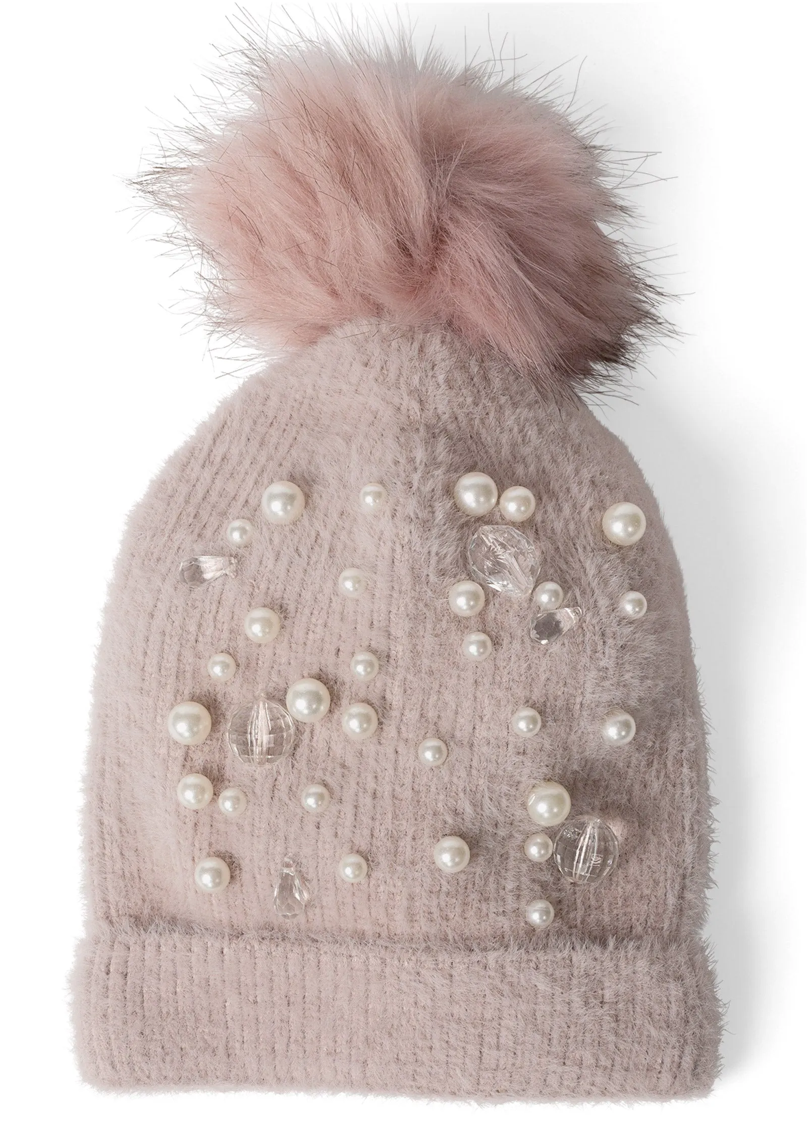 Faux Fur Pearl Beanie & Gloves Set - Pale Pink