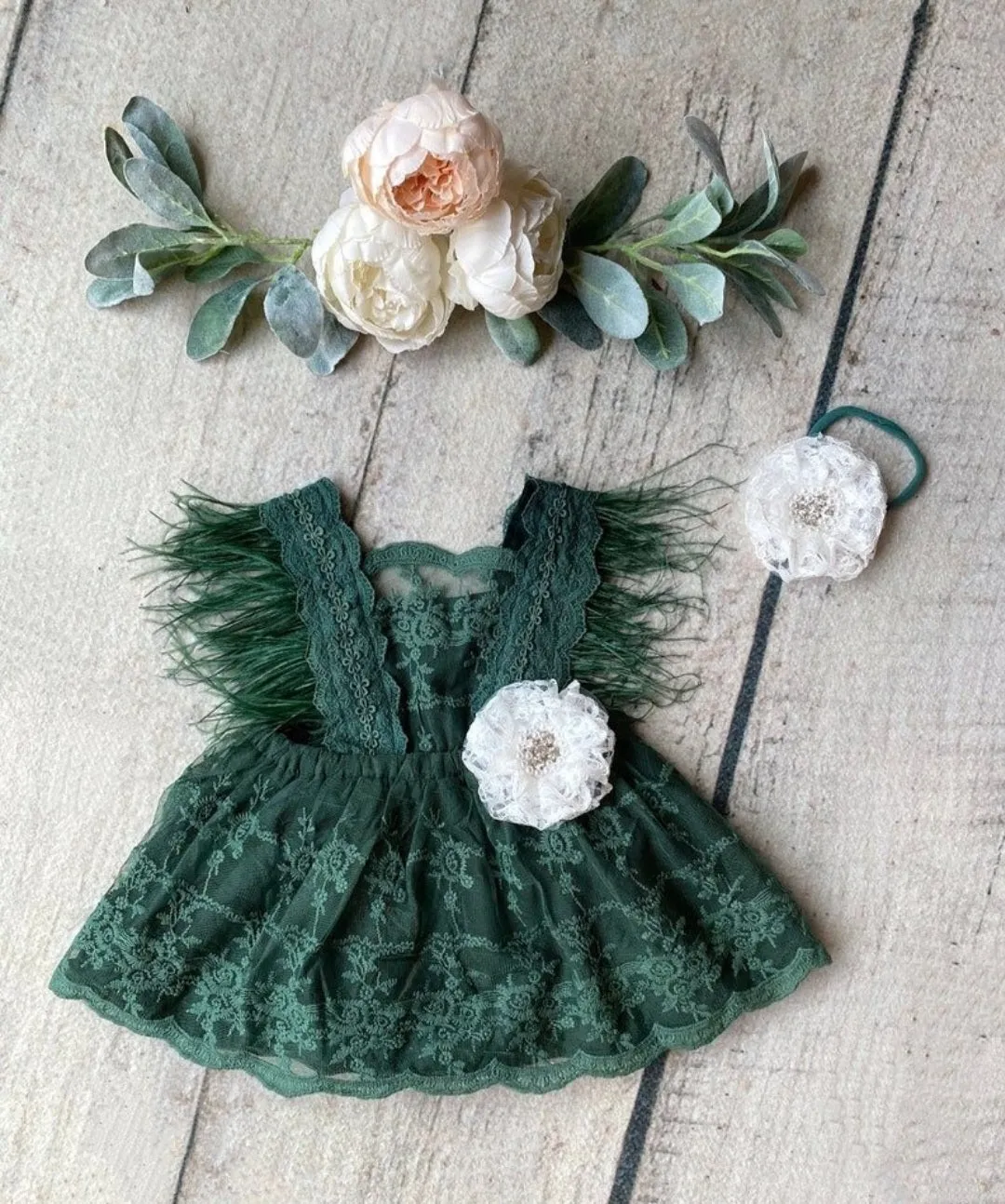 Forest Green Lace Romper with Feather Detail #1000245