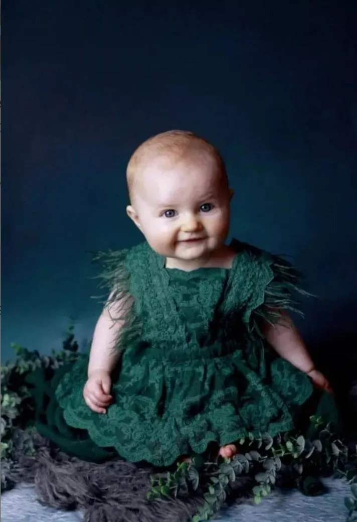 Forest Green Lace Romper with Feather Detail #1000245