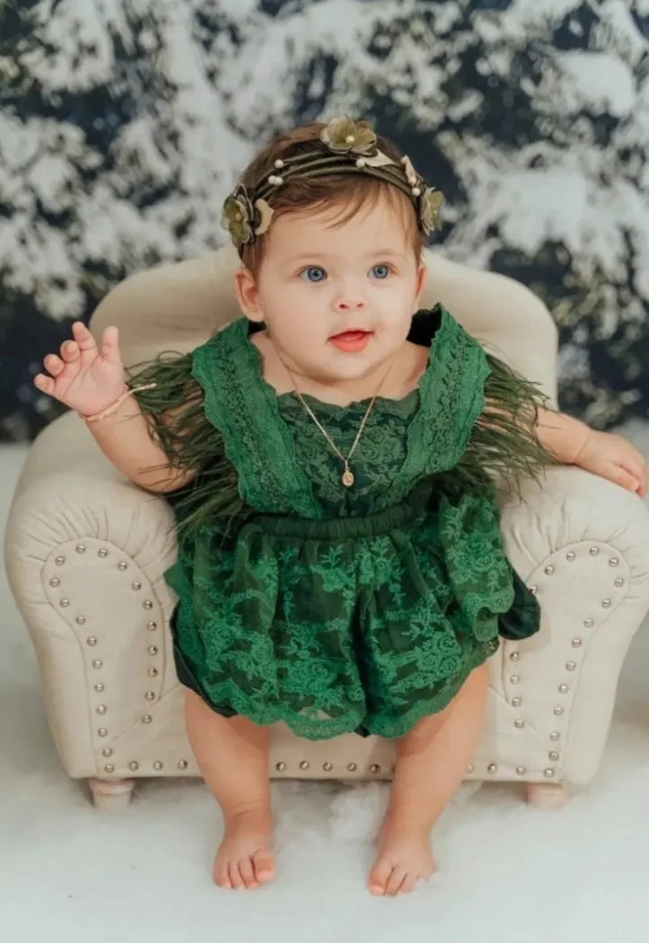 Forest Green Lace Romper with Feather Detail #1000245