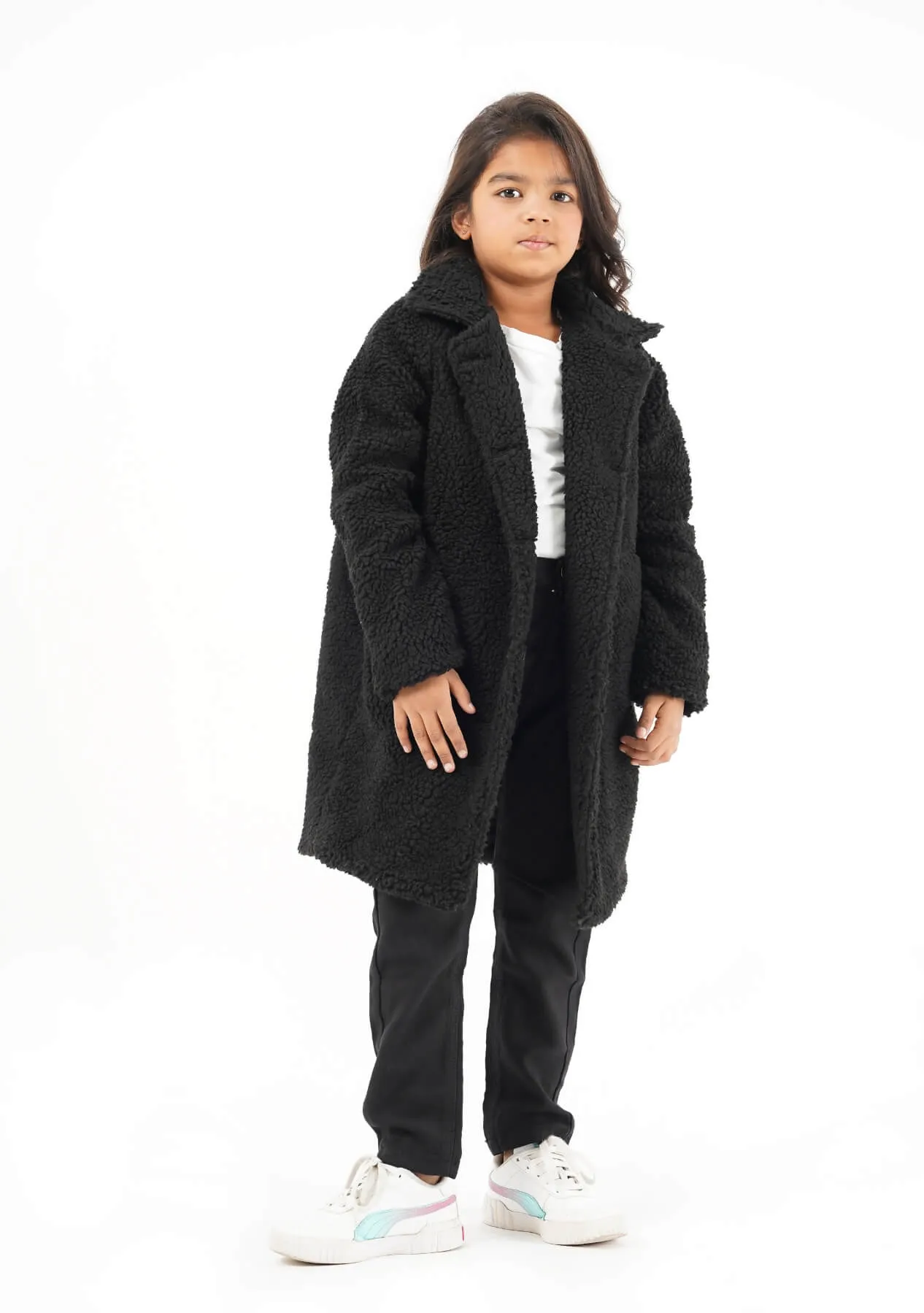 Girls Sherpa Long Coat - Black