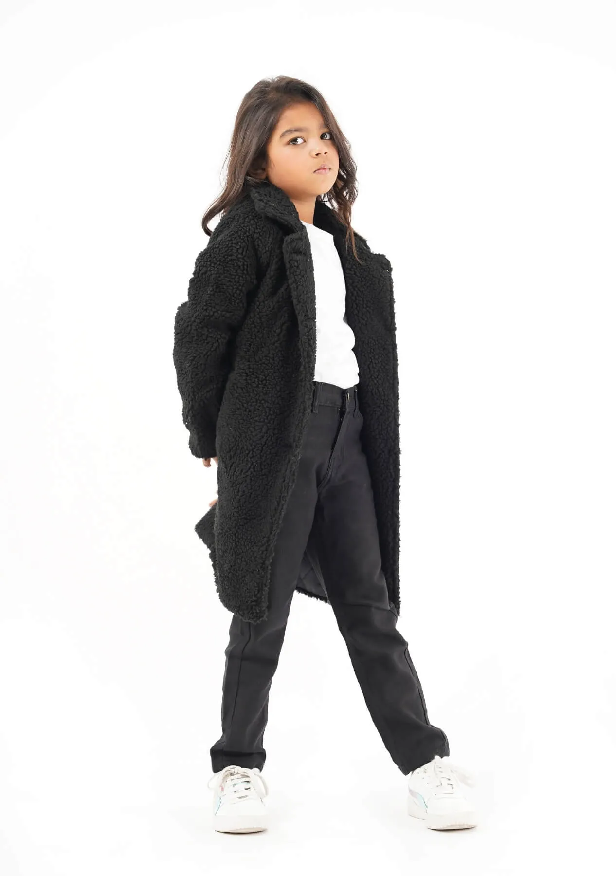 Girls Sherpa Long Coat - Black