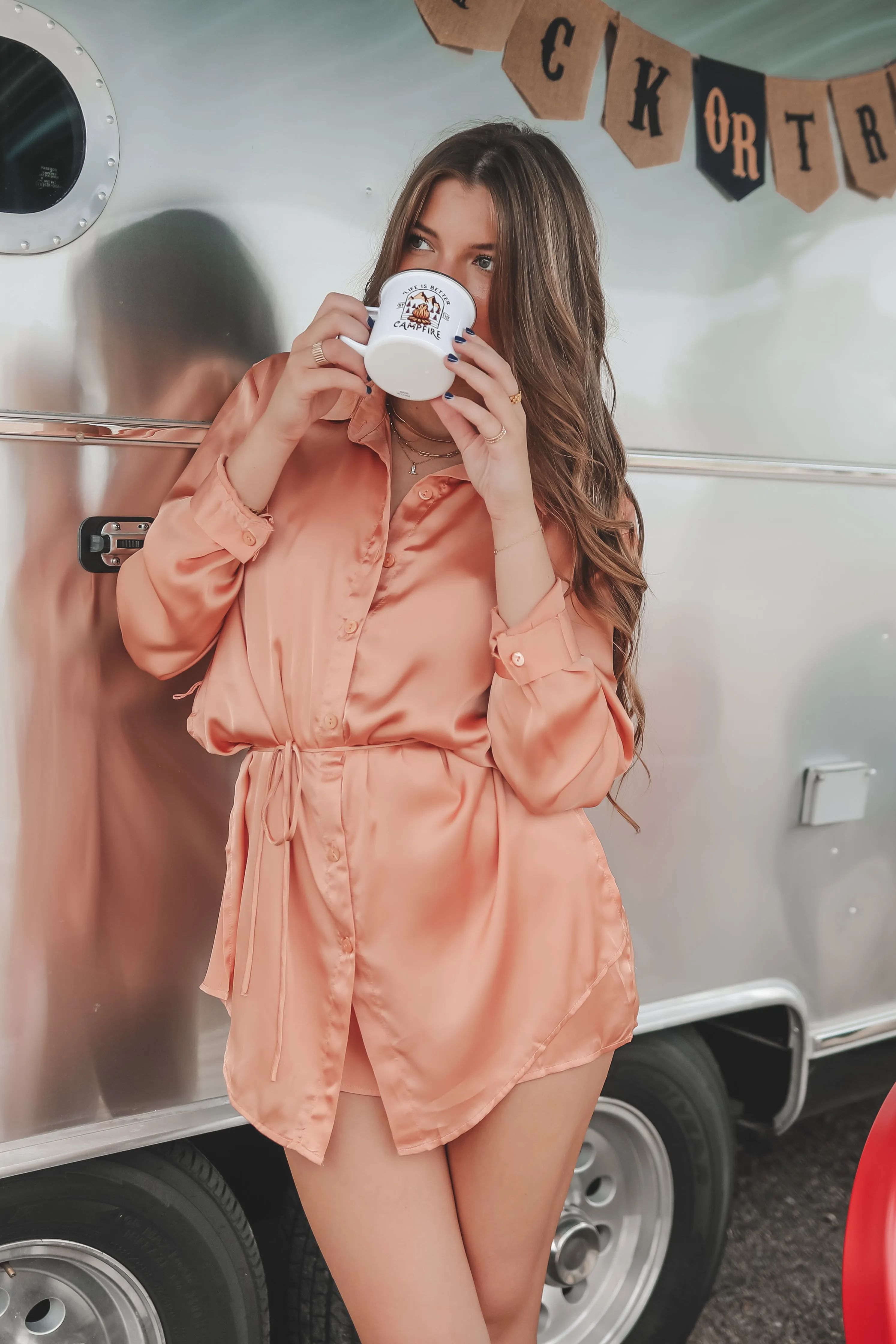 Giving Beverly Hills Satin Button Up Romper Dress