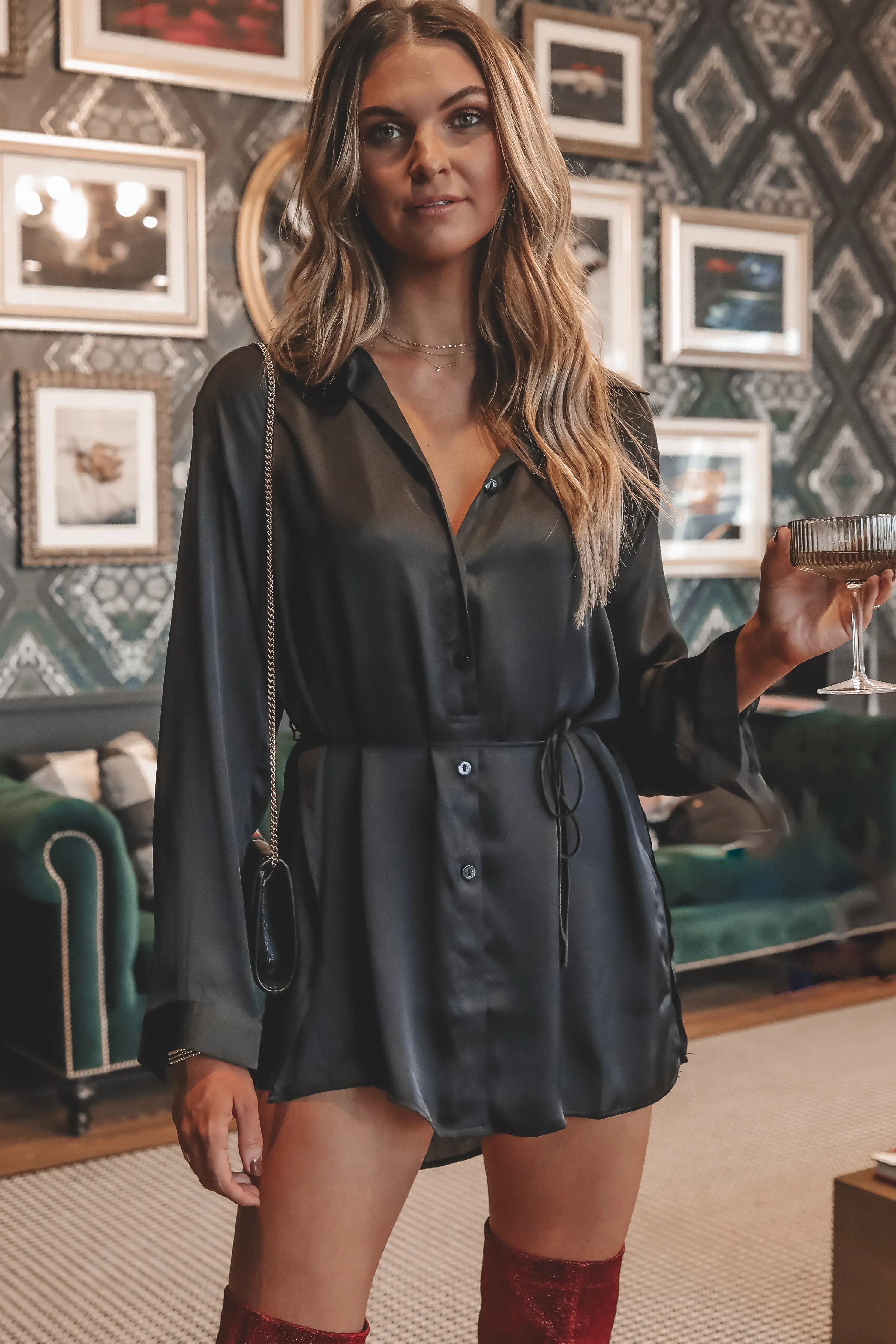 Giving Beverly Hills Satin Button Up Romper Dress