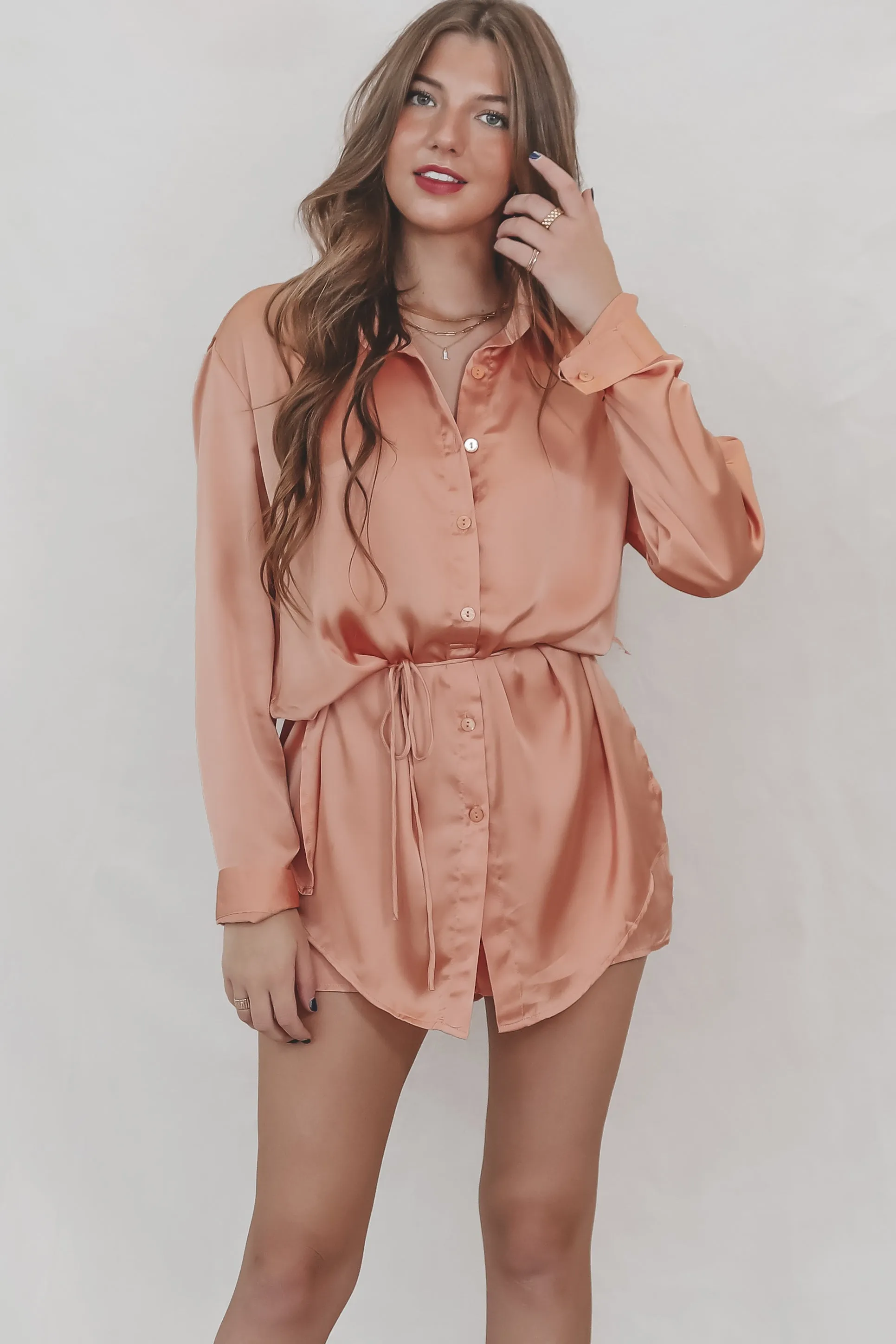 Giving Beverly Hills Satin Button Up Romper Dress