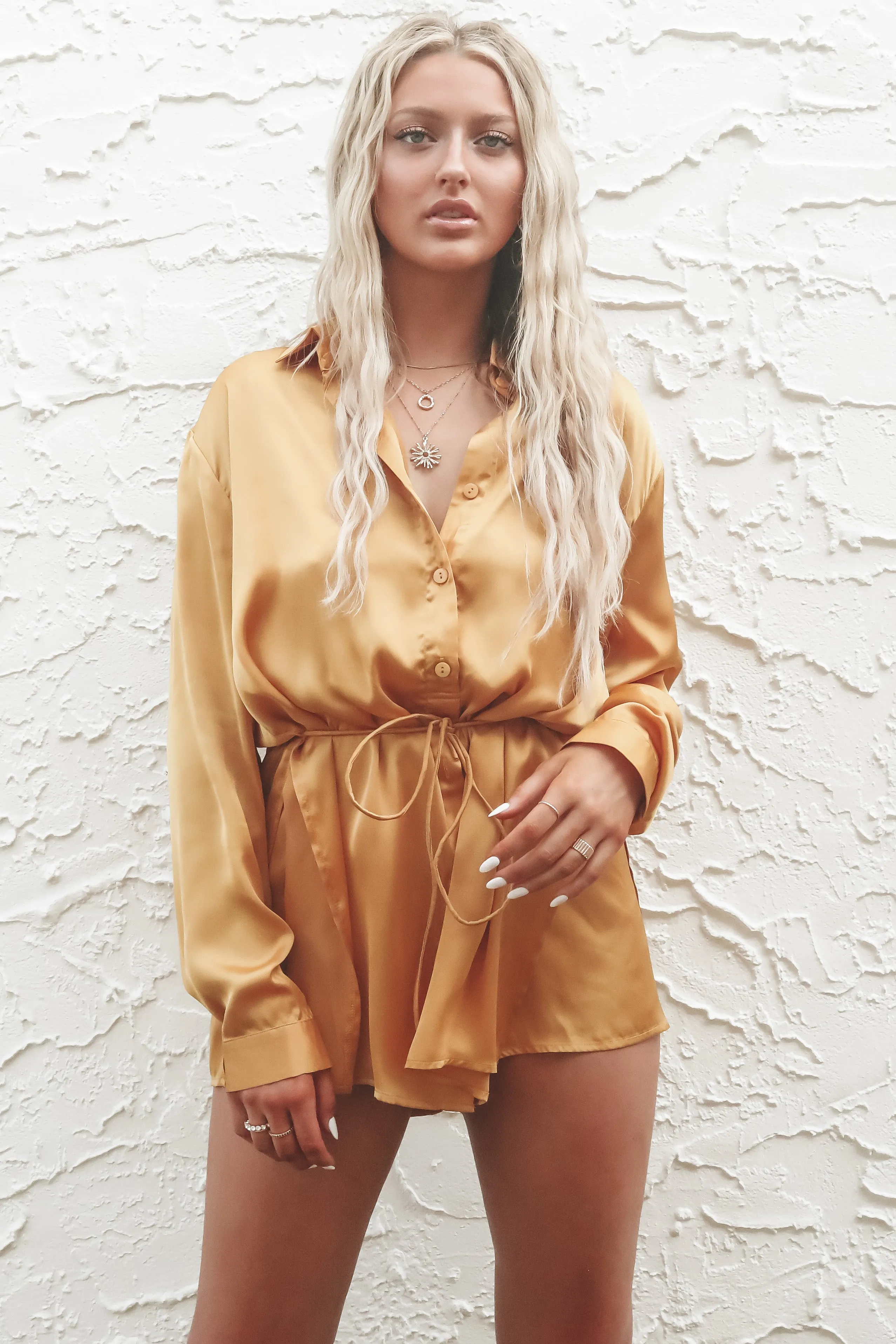 Giving Beverly Hills Satin Button Up Romper Dress