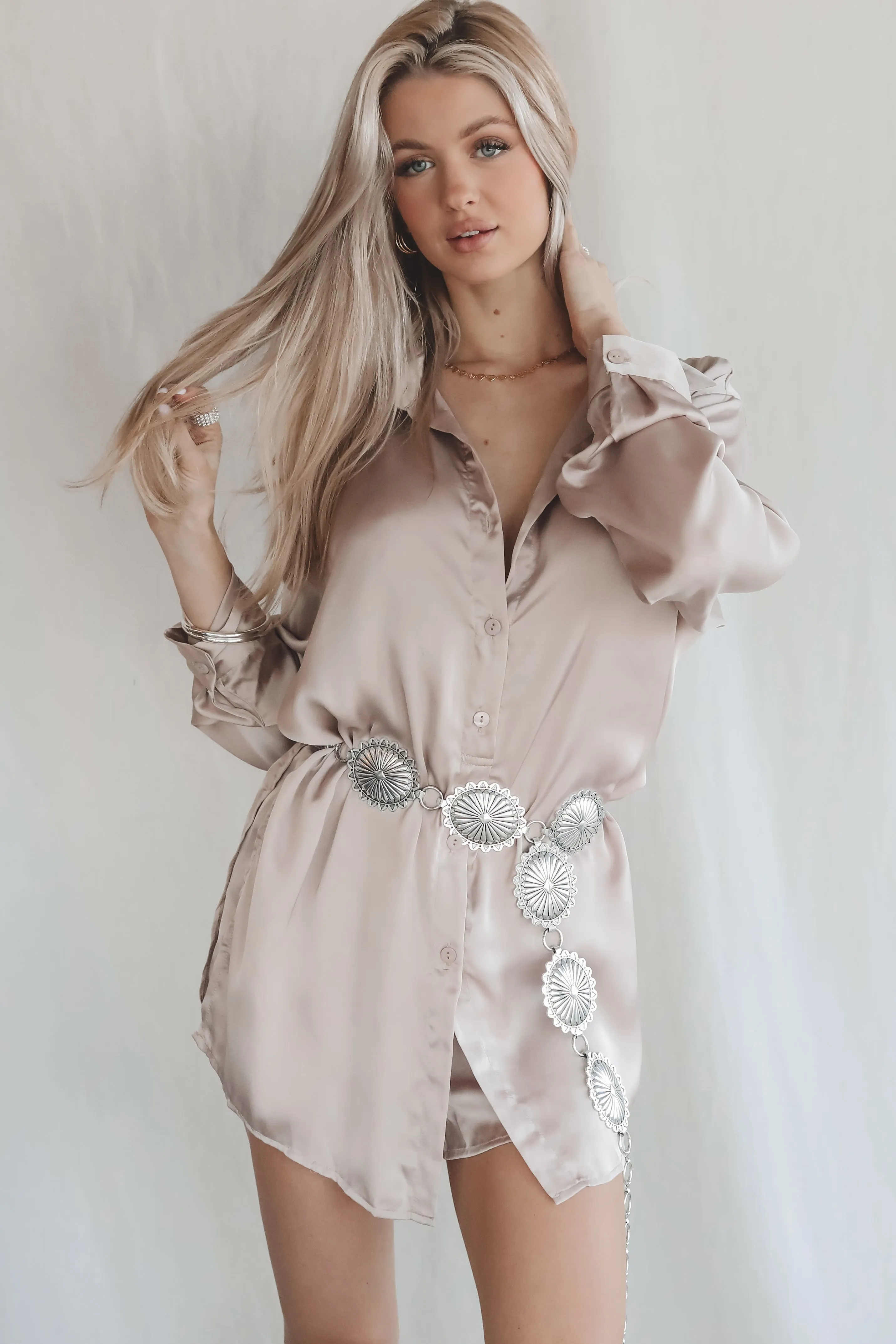 Giving Beverly Hills Satin Button Up Romper Dress