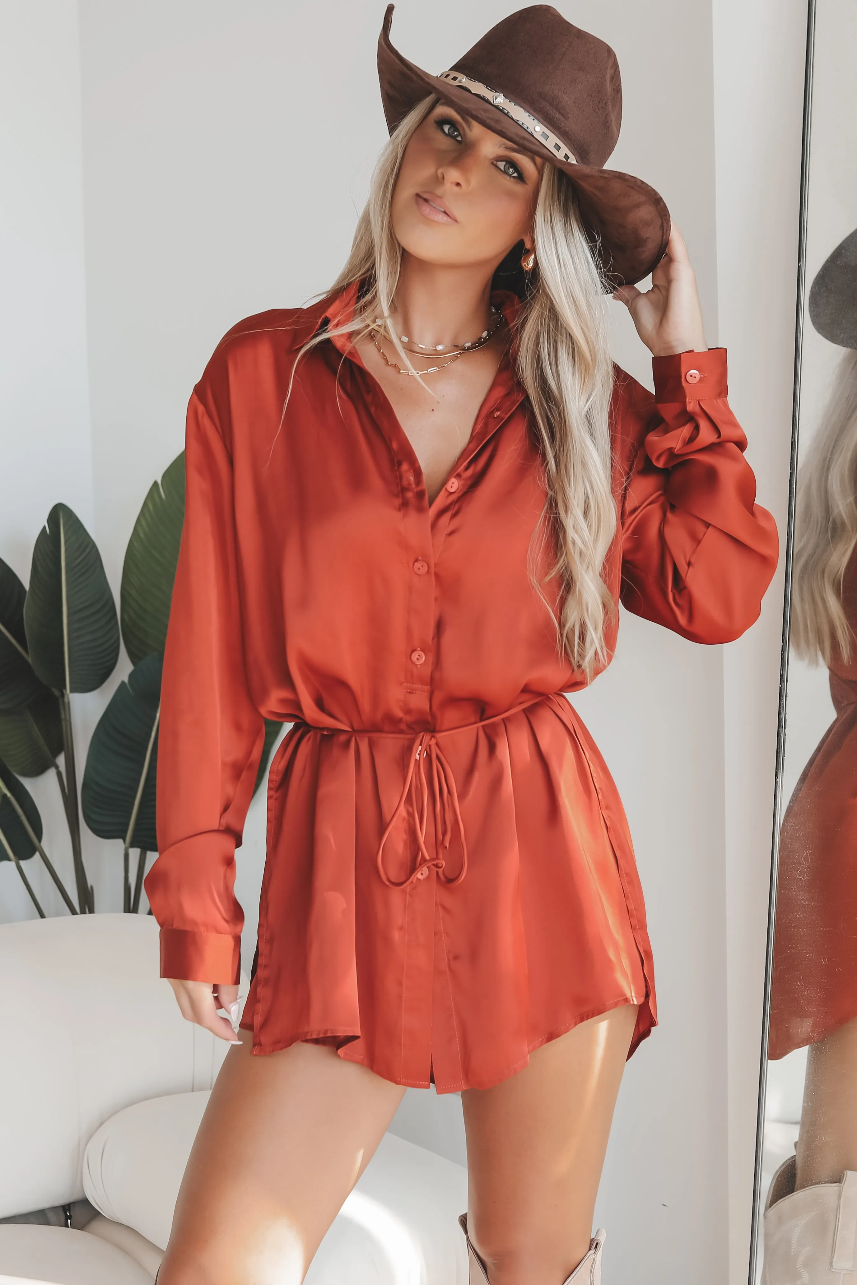 Giving Beverly Hills Satin Button Up Romper Dress