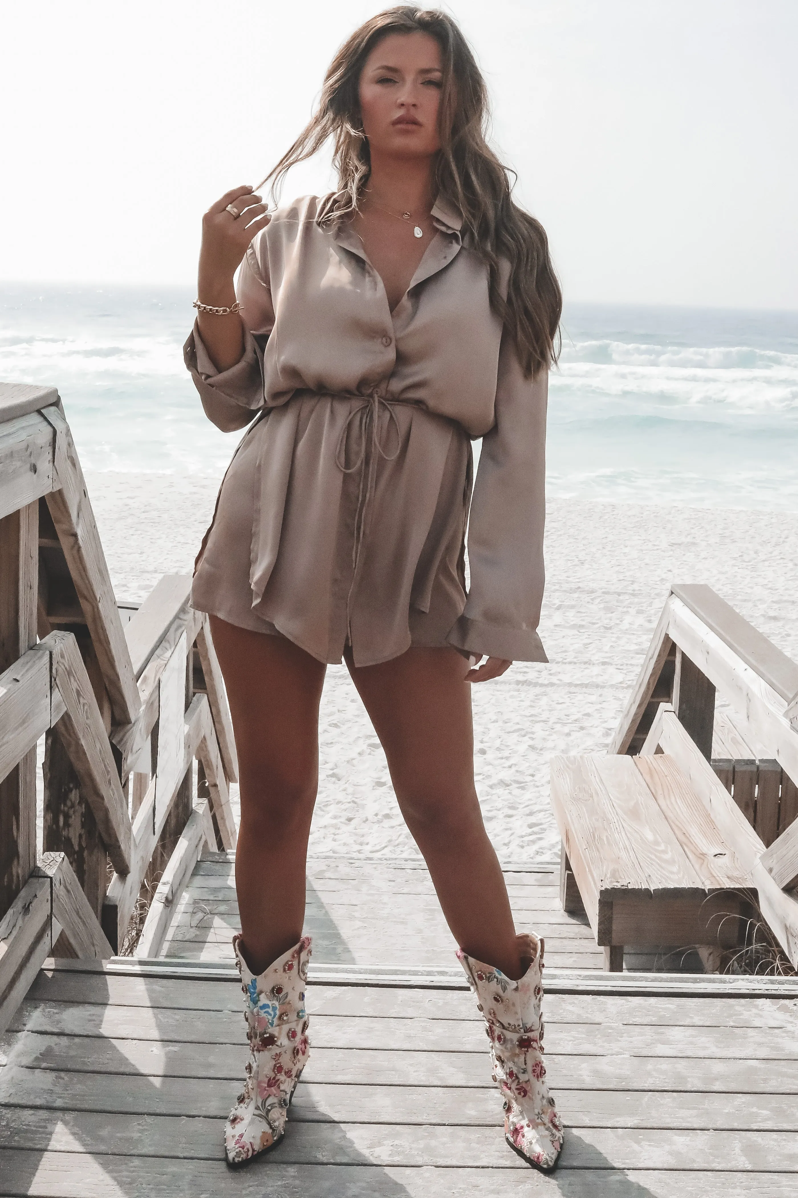 Giving Beverly Hills Satin Button Up Romper Dress