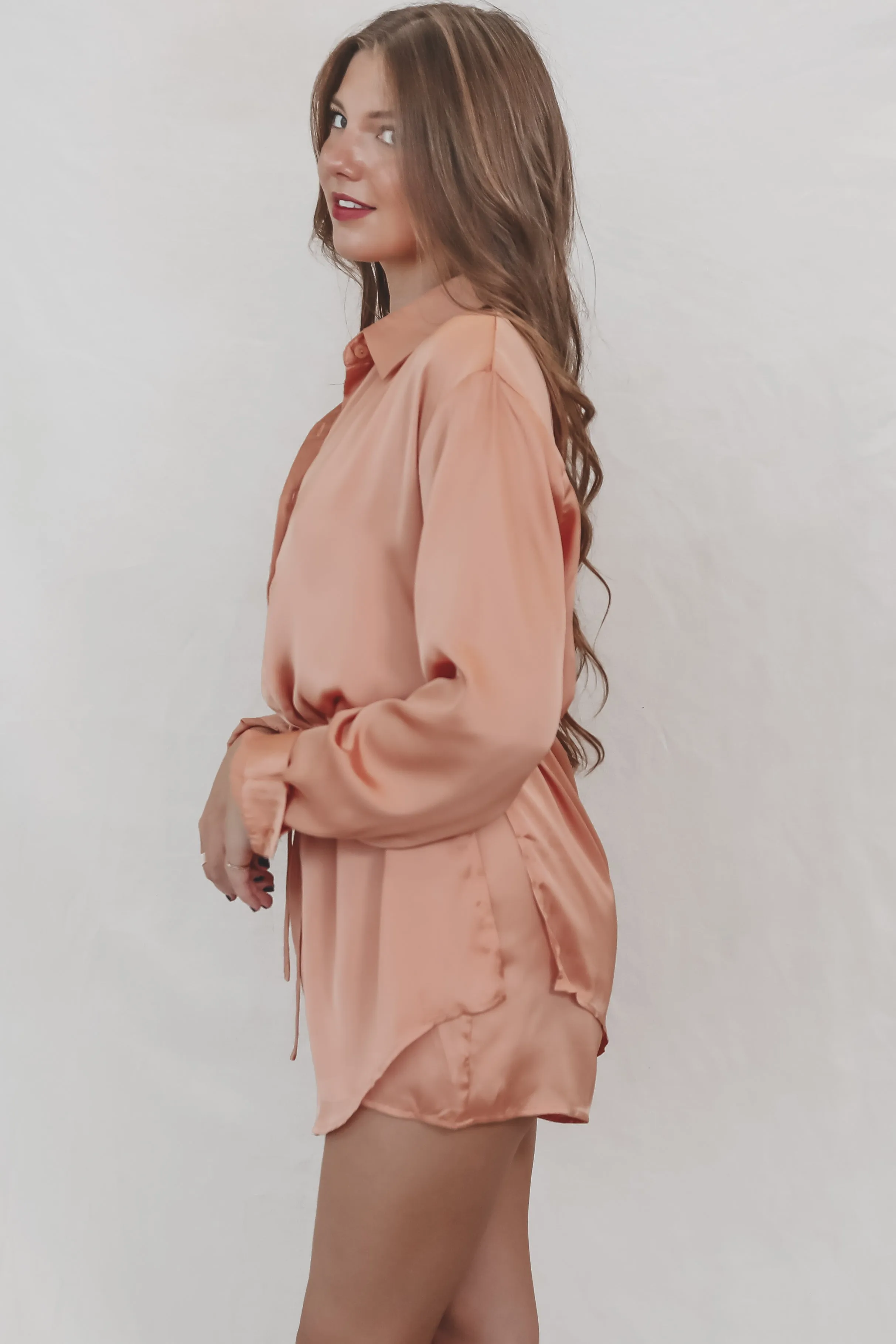 Giving Beverly Hills Satin Button Up Romper Dress