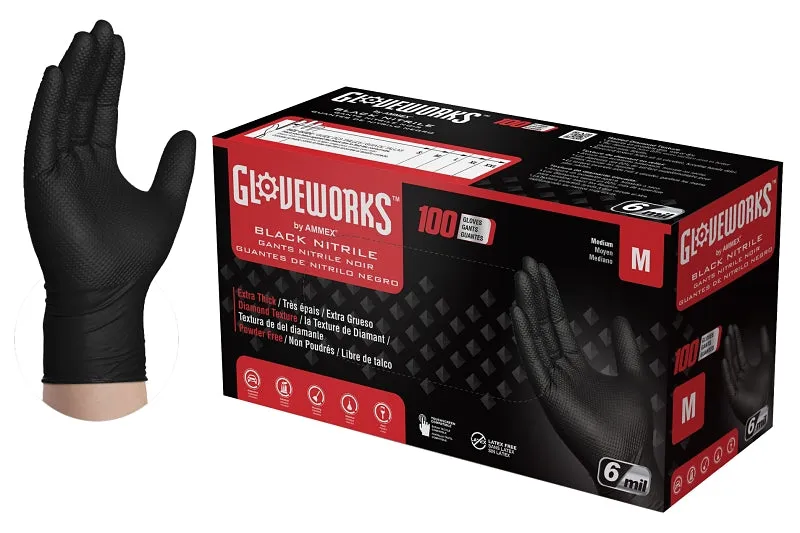 Gloveworks GWBN44100 Heavy-Duty Disposable Gloves, M, Nitrile, Powder-Free, Black, 9-1/2 in L :BX100: QUANTITY: 1