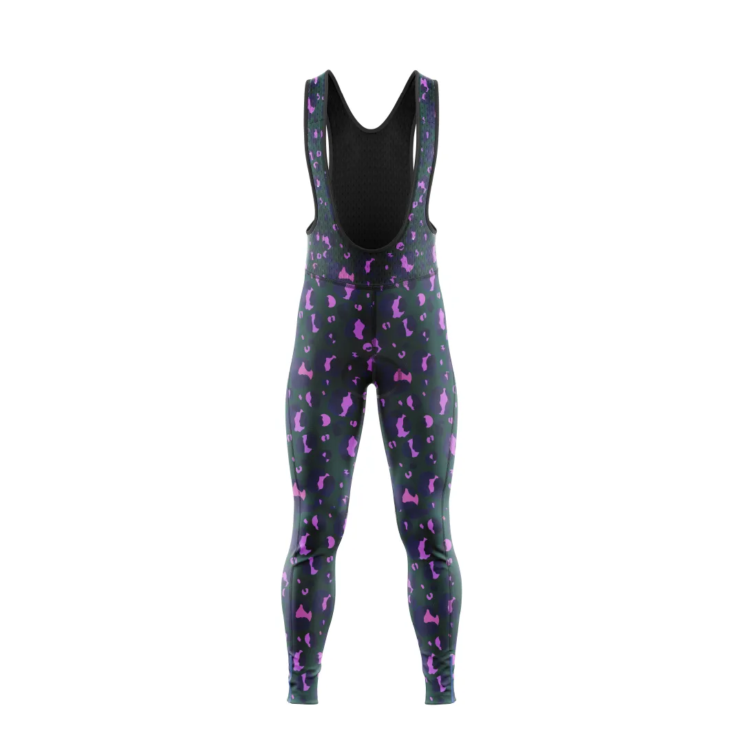 Green & Pink Leopard Print Women's Cargo Winter Cycling Bib Tights