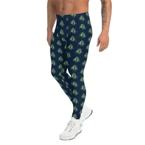 Green Blue Floral Men's Leggings, Flower Meggings Designer Workout Tights-Made in USA/EU/MX