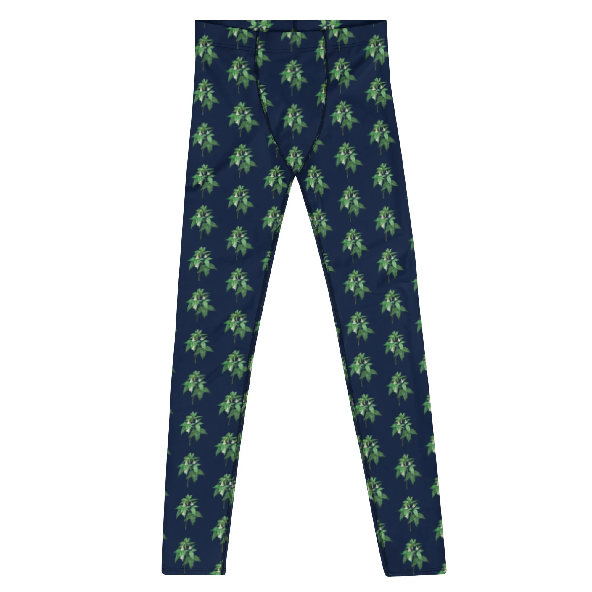 Green Blue Floral Men's Leggings, Flower Meggings Designer Workout Tights-Made in USA/EU/MX