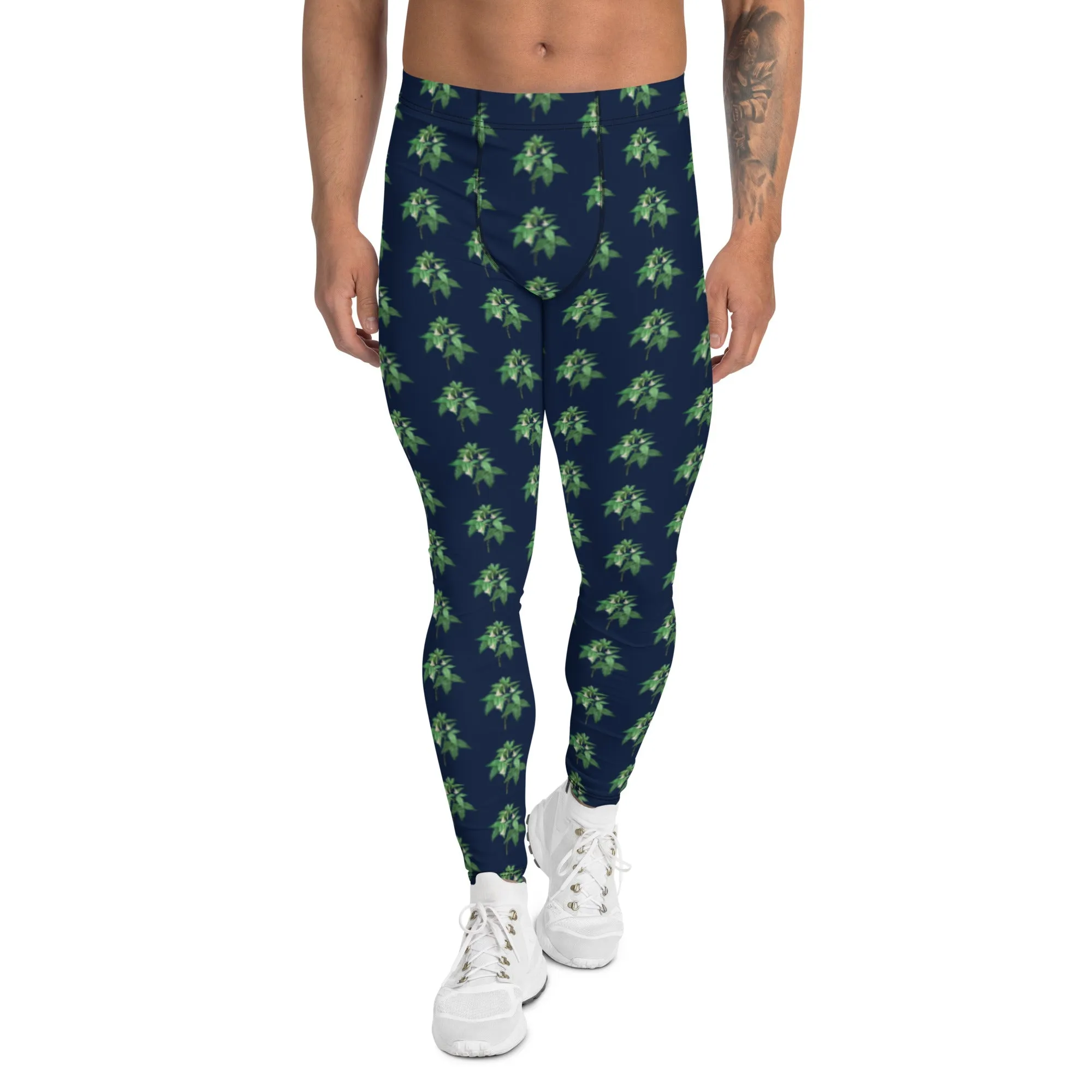 Green Blue Floral Men's Leggings, Flower Meggings Designer Workout Tights-Made in USA/EU/MX