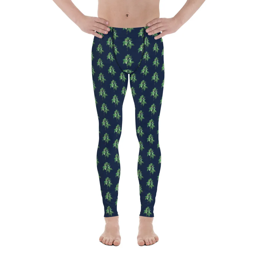 Green Blue Floral Men's Leggings, Flower Meggings Designer Workout Tights-Made in USA/EU/MX