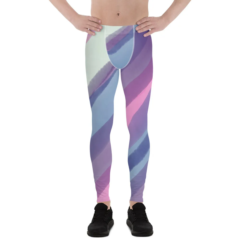 Green Blue Stripes Men's Leggings, Striped Colors Men's Leggings, Colorful Pastel Purple Gym Tights For Men - Made in USA/EU/MX