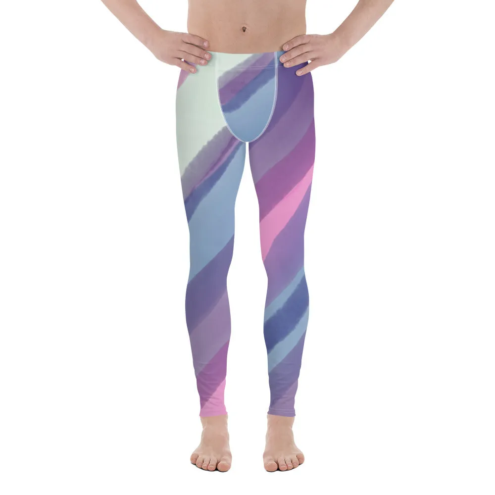 Green Blue Stripes Men's Leggings, Striped Colors Men's Leggings, Colorful Pastel Purple Gym Tights For Men - Made in USA/EU/MX