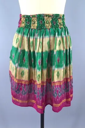 Green Ikat Print Indian Silk Sari Skirt