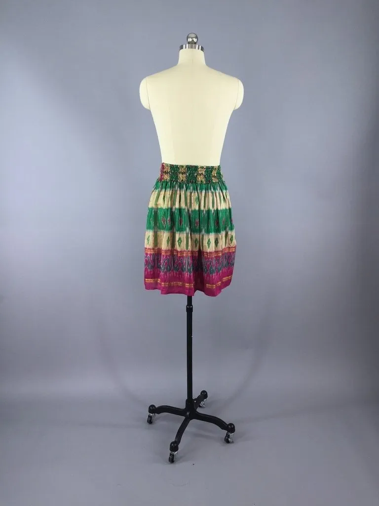 Green Ikat Print Indian Silk Sari Skirt