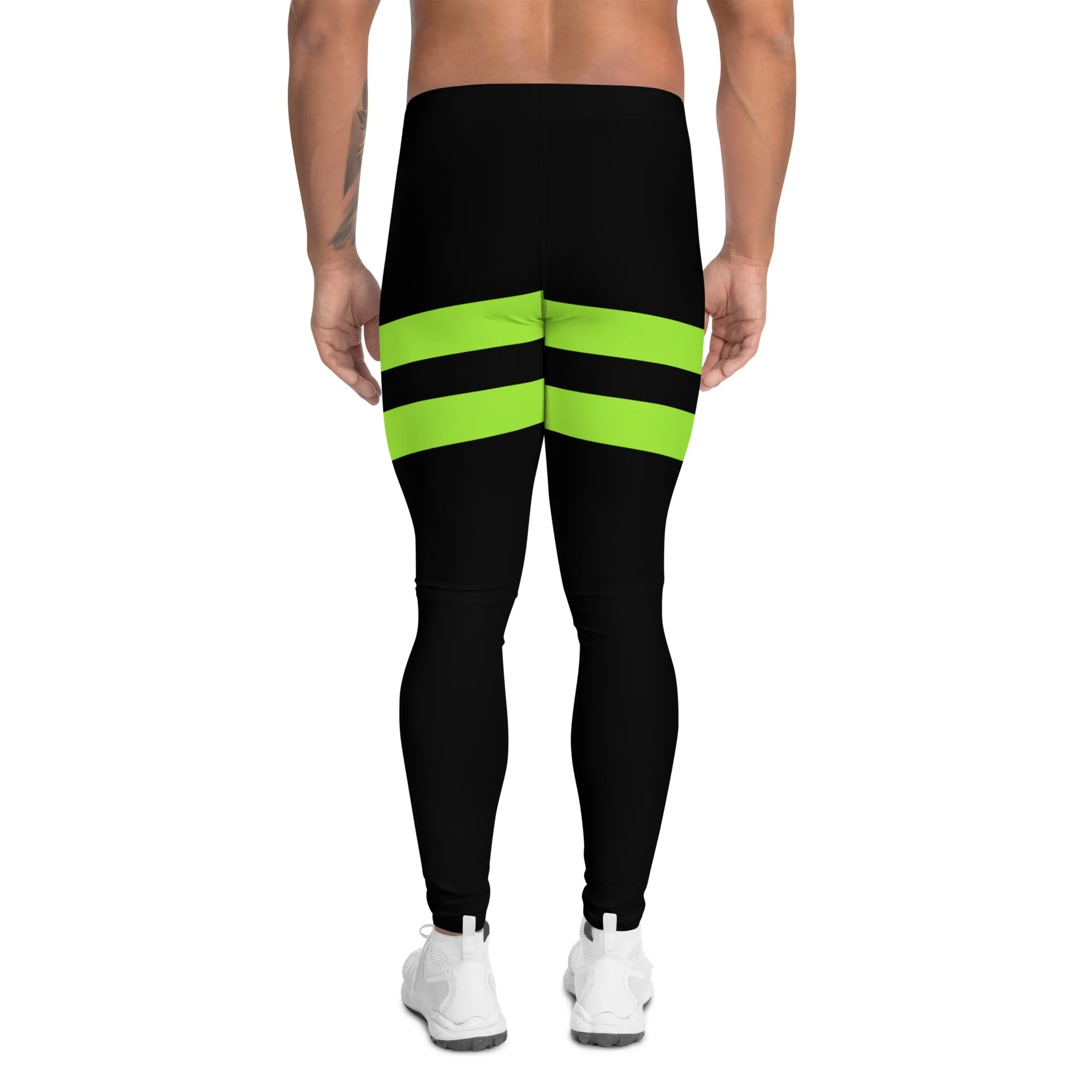 Green Striped Best Men's Leggings, Striped Bright Black and Green Colors Men's Leggings, Colorful Black Green Stripes Gym Tights For Men - Made in USA/EU/MX