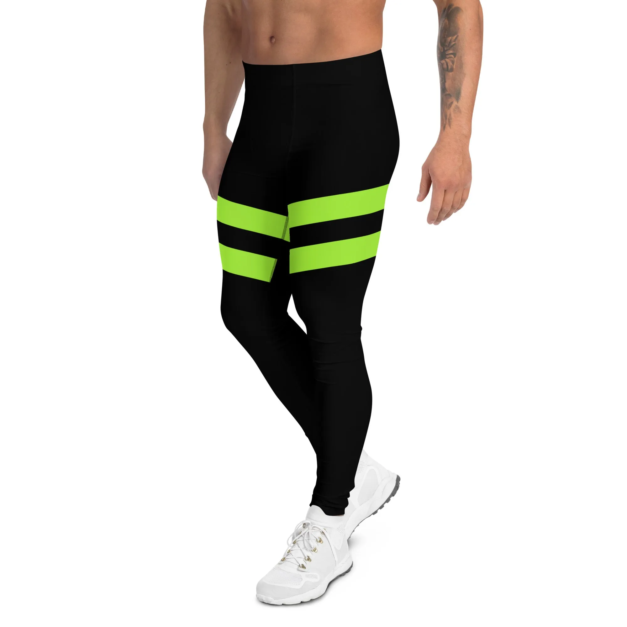 Green Striped Best Men's Leggings, Striped Bright Black and Green Colors Men's Leggings, Colorful Black Green Stripes Gym Tights For Men - Made in USA/EU/MX