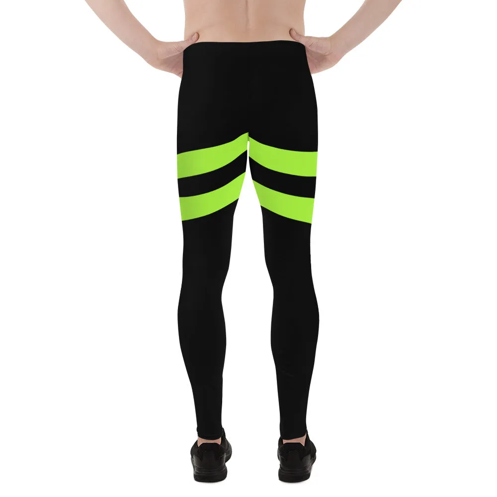 Green Striped Best Men's Leggings, Striped Bright Black and Green Colors Men's Leggings, Colorful Black Green Stripes Gym Tights For Men - Made in USA/EU/MX