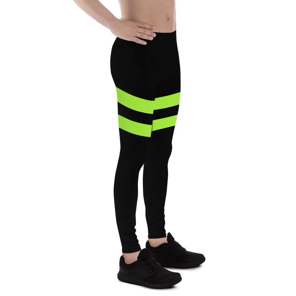 Green Striped Best Men's Leggings, Striped Bright Black and Green Colors Men's Leggings, Colorful Black Green Stripes Gym Tights For Men - Made in USA/EU/MX