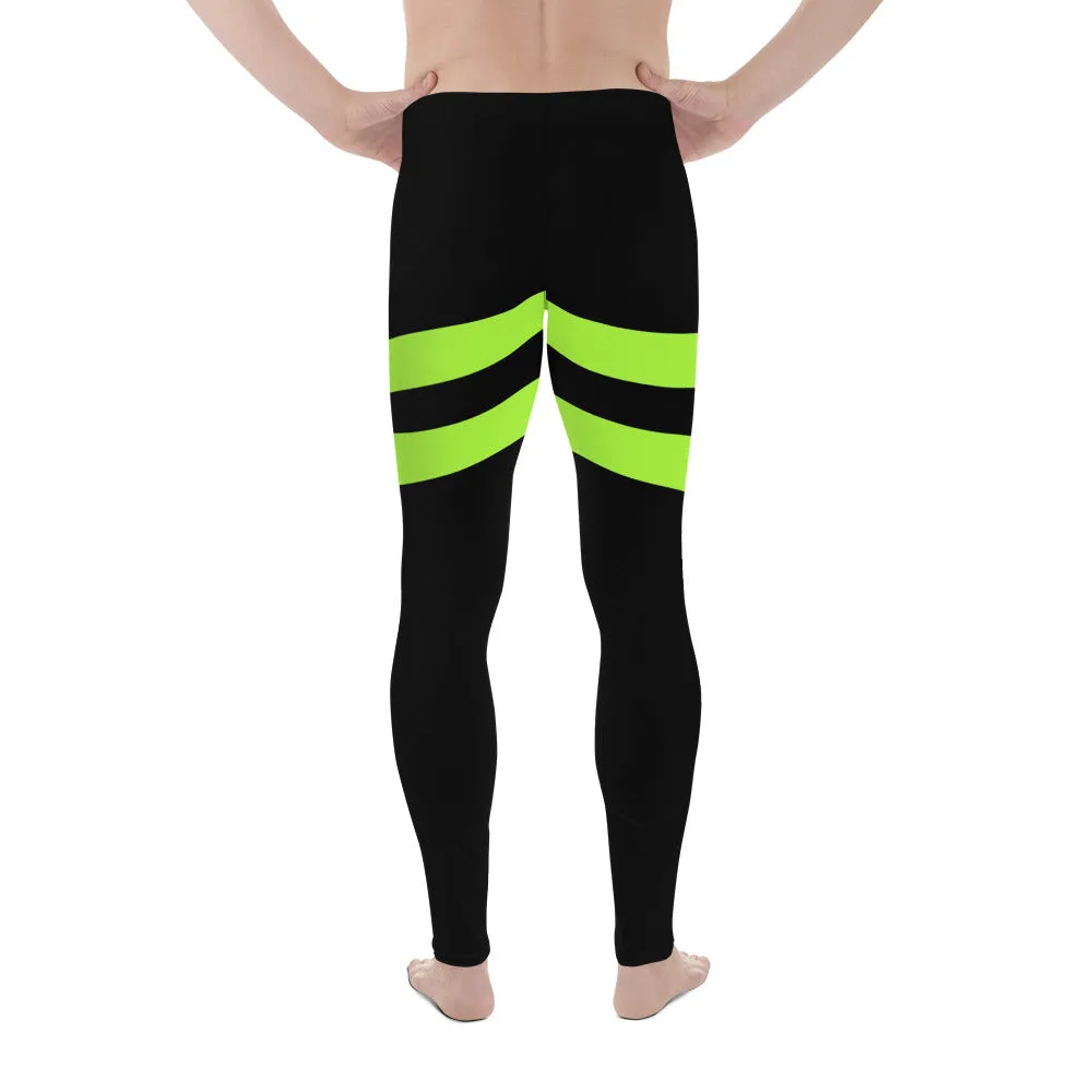 Green Striped Best Men's Leggings, Striped Bright Black and Green Colors Men's Leggings, Colorful Black Green Stripes Gym Tights For Men - Made in USA/EU/MX