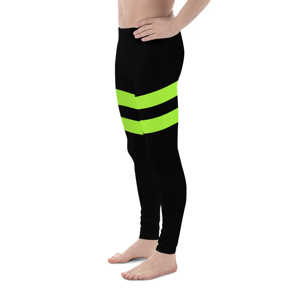 Green Striped Best Men's Leggings, Striped Bright Black and Green Colors Men's Leggings, Colorful Black Green Stripes Gym Tights For Men - Made in USA/EU/MX