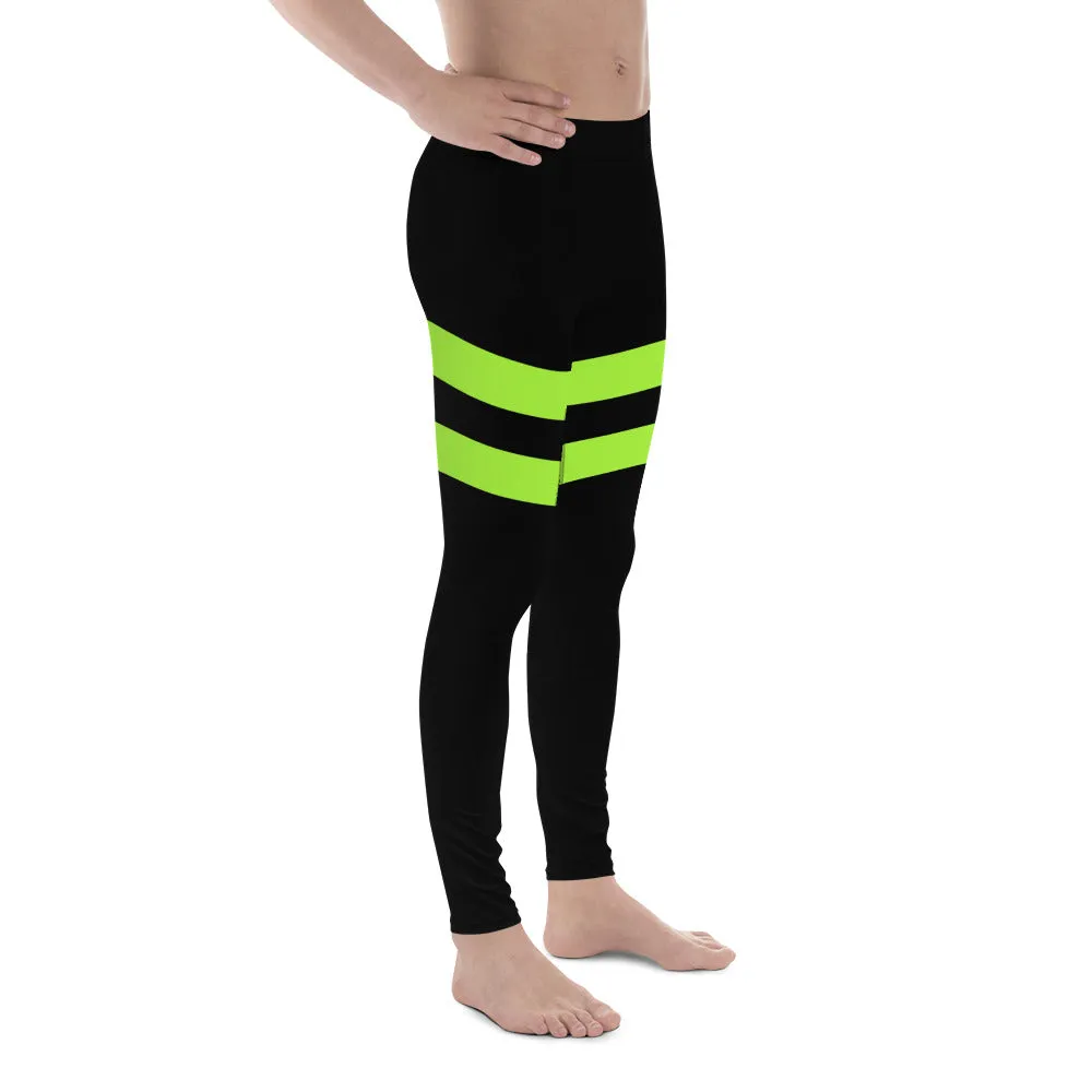 Green Striped Best Men's Leggings, Striped Bright Black and Green Colors Men's Leggings, Colorful Black Green Stripes Gym Tights For Men - Made in USA/EU/MX