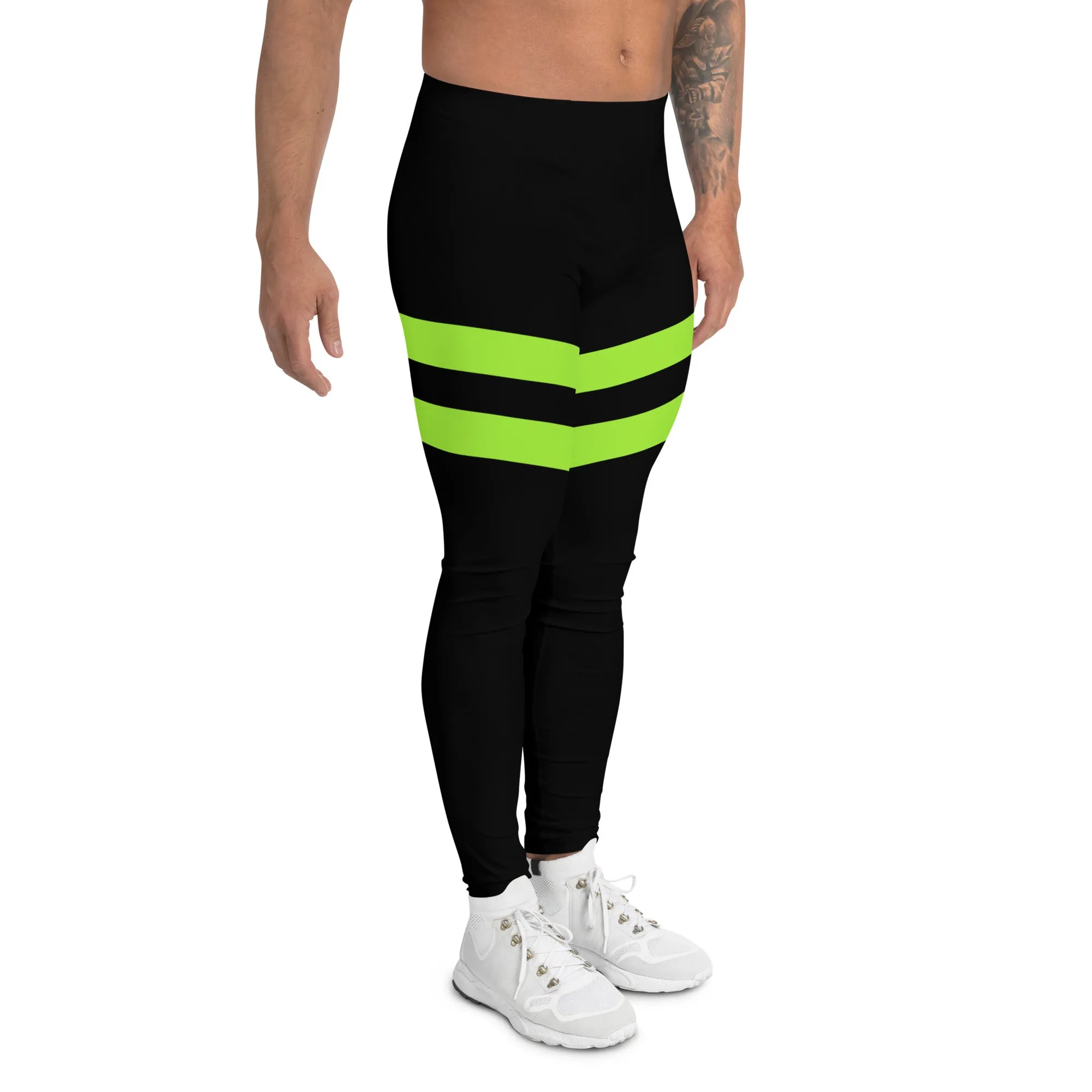 Green Striped Best Men's Leggings, Striped Bright Black and Green Colors Men's Leggings, Colorful Black Green Stripes Gym Tights For Men - Made in USA/EU/MX