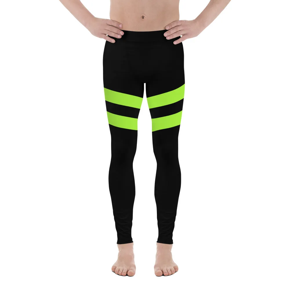 Green Striped Best Men's Leggings, Striped Bright Black and Green Colors Men's Leggings, Colorful Black Green Stripes Gym Tights For Men - Made in USA/EU/MX